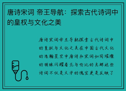 唐诗宋词 帝王导航：探索古代诗词中的皇权与文化之美